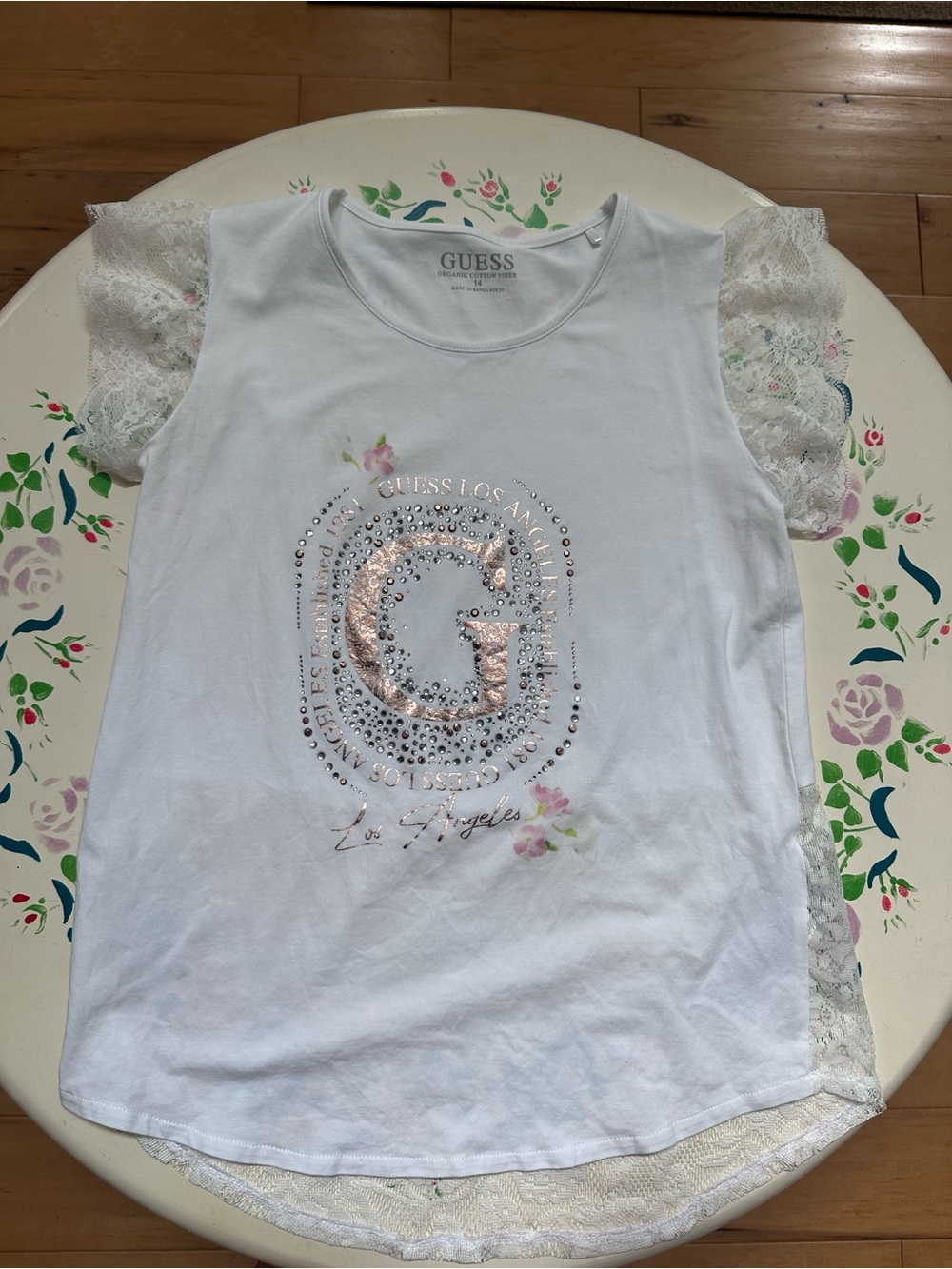 GUESS White Short Sleeve Tee with Lace Sleeves and Rose Gold 'G'